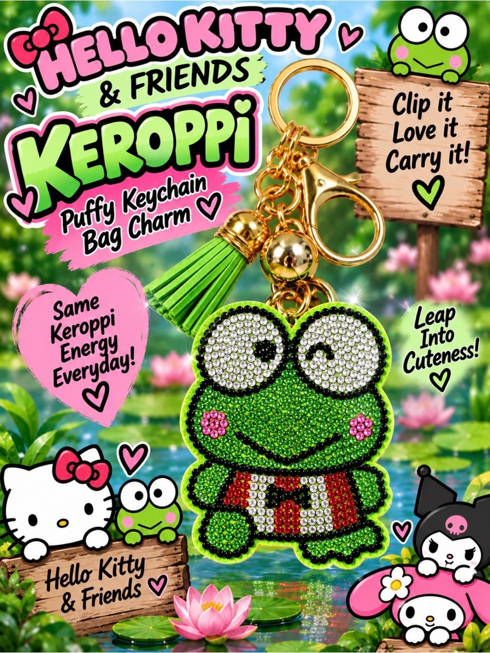 Keroppi Green Puffy Keychain Bag Charm